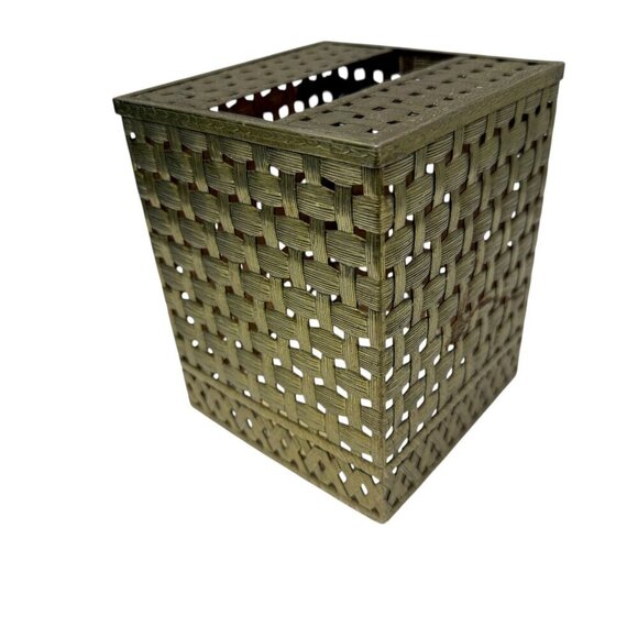 Vintage Tissue Box Holder Stylebuilt Metal Basketweave Goldtone Bath Accessory - Picture 7 of 9